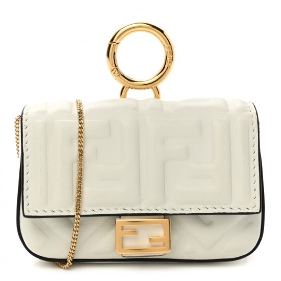 FENDI FF Embossed Monogram Nano Baguette Napa Matisse gold cream chain - Picture 1 of 13